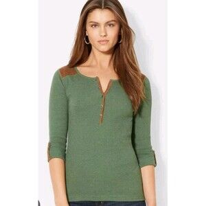 Lauren Ralph Lauren Western Henley Shirt Faux Leather Trim Women M Cowgirl
